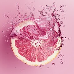 Poster - Refreshing Pink Grapefruit Slice Splashing in Water on Pink Background Studio Shot Close Up Food Photography