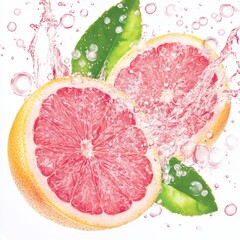 Poster - Sliced grapefruit halves splashing with water droplets on white background studio shot close up refreshing citrus fruit