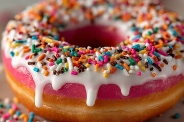 Poster - Deliciously frosted donut with vibrant sprinkles served on a colorful background