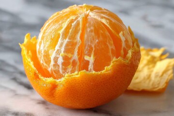 Poster - Fresh orange segments on a marble countertop waiting to be enjoyed in a sunny kitchen