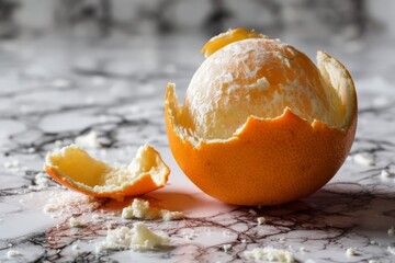 Poster - Orange half shell reveals unique dessert creation on marble surface during bright daylight