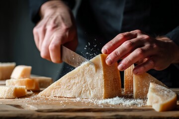 Poster - Cheese artisan slices aged cheese on wooden board in kitchen during evening