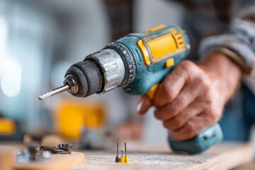 Poster - Worker uses drill to complete woodworking project in workshop on a sunny day