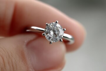 Poster - Elegant diamond ring held between fingers showcasing detailed craftsmanship and brilliance in natural light