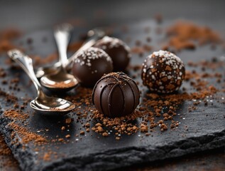 Poster - Chocolate truffles on black slate board, topped with cinnamon powder, served in silver spoons.