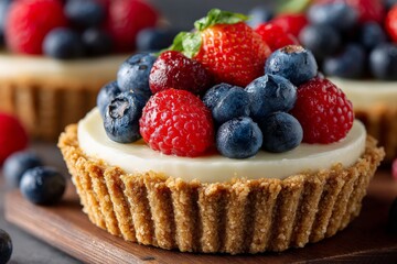Aufkleber - Delicious tart topped with fresh berries in a rustic setting during daytime