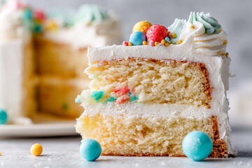 Poster - Delicious slice of festive cake with colorful sprinkles set against a blurred background of the whole cake