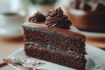 Poster - Indulgent chocolate cake slice on a plate with decorative elements in a cozy cafe setting