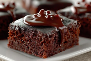 Poster - Decadent chocolate brownie served on a white plate garnished with rich chocolate sauce