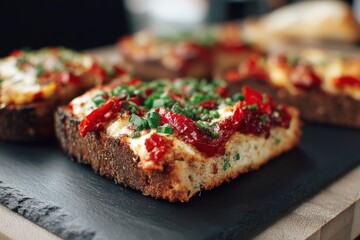 Poster - Gourmet bread topped with sun-dried tomatoes and fresh herbs served on slate platter