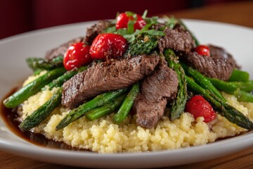 Aufkleber - Grilled steak served over couscous with asparagus and cherry tomatoes at a cozy restaurant