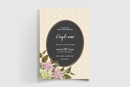 WEDDING INVITATION FRAME WITH FLOWER DECORATIONS AND FRESH LEAVES