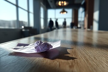 Poster - Crumpled paper sitting on a wooden table in an office with people in the background during daylight
