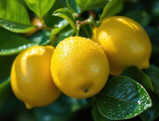 Poster - Yellow lemons on green leaves.