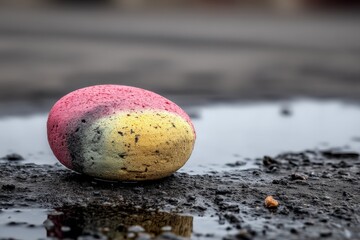 Aufkleber - Colorful sponge resting on wet pavement in a urban setting during overcast weather