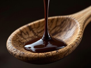 Poster - Chocolate sauce dripping from wooden spoon into bowl on dark surface.