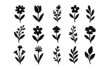 Fototapete - Set of decorative web icons featuring various flower and leaf silhouettes in a black design for creative projects and websites