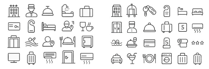 Poster - Set of minimalist web icons representing hospitality, travel, and service-related activities in a simple design