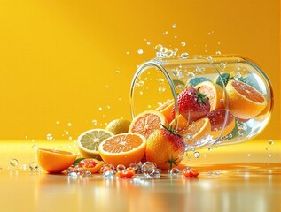 Poster - A glass filled with water and citrus fruits, such as oranges and strawberries, with droplets of water around it.