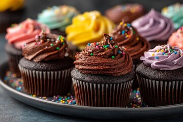 Poster - Colorful cupcakes topped with vibrant frosting and sprinkles displayed on a dark plate