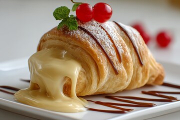 Poster - Warm croissant filled with creamy custard and topped with cherries in a bright kitchen setting
