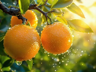 Poster - Oranges on tree branches with droplets of water in the air, indicating recent rain or dew.