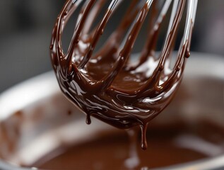Poster - Chocolate sauce dripping from a whisk into a bowl.