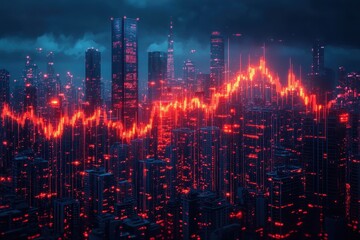 Poster - City skyline illuminated by data visualizations shows dynamic trends in technology and finance at dusk