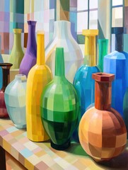 Poster - Colorful Vases Arranged on Table Still Life Painting Cubist Style Bright Palette Interior Scene Art Gallery