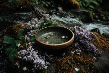 Aufkleber - Natural bowl with flower petals on a mossy stream bank in a tranquil forest setting surrounded by greenery
