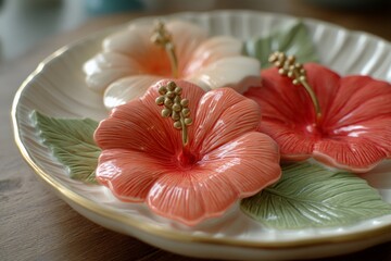Poster - Colorful hibiscus flower dishes arranged on a decorative plate for a tropical dining experience