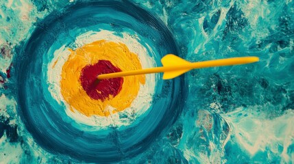 Poster - Yellow arrow hitting bullseye on textured blue and yellow painted target.