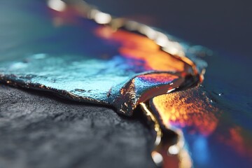 Leinwandbilder - Shimmering metallic surface reflecting vibrant colors under soft light