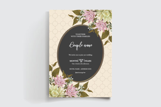 WEDDING INVITATION FRAME WITH FLOWER DECORATIONS AND FRESH LEAVES