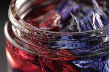 Leinwandbilder - Colorful pigments swirl together in a glass jar for artistic creation at an art studio workshop