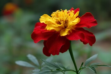 Poster - Bright marigold flower blooming in a garden during the afternoon sunlight with blurred background elements