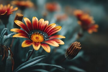 Poster - Vibrant orange and yellow flower blooms among green foliage in a serene garden setting during daylight