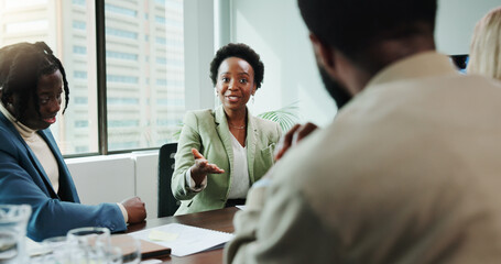 Poster - Office, business people and woman with discussion in meeting, finance update and feedback for project. Boardroom, collaboration and manager with talking for investment, financial merger and corporate