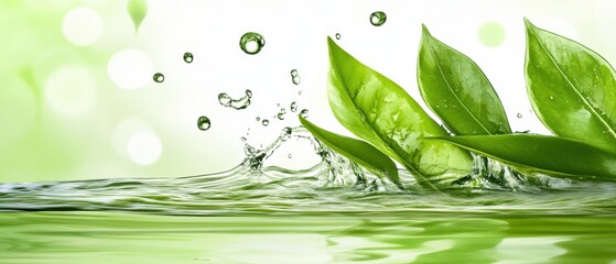 Poster - Fresh Green Leaves Splashing into Water Surface Close Up Shot for Natural Beauty and Wellness Concepts