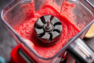 Aufkleber - Smooth blending of fresh strawberries in a blender creating a vibrant puree perfect for summer drinks or desserts