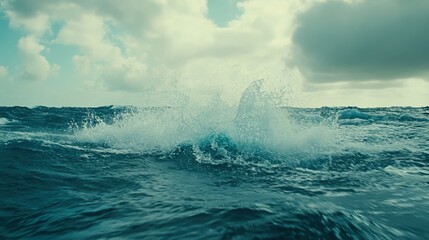 Poster - Splashing wave in vast open ocean under cloudy sky low angle view seascape nature power beauty