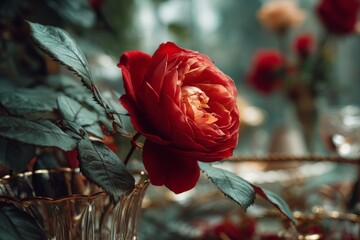 Poster - Vibrant red rose in a delicate vase with green foliage surrounded by softly blurred background blossoms
