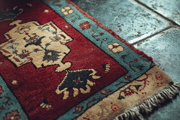 Poster - Beautifully crafted oriental rug displayed on a textured stone floor in a stylish indoor setting during daylight hours