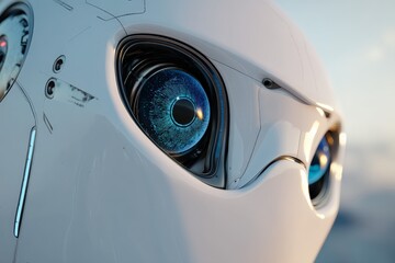 Poster - Close-up view of a futuristic robotic face showcasing detailed eyes and advanced technology