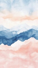Poster - Abstract Mountain Range Watercolor Painting in Blue and Peach Hues Serene Landscape Art Minimalist Design Background for Wall Art and Home Decor Ideas