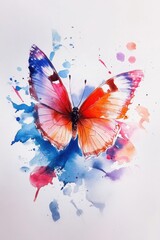 Poster - Watercolor Butterfly Painting with Vibrant Colors and Splatters on White Background Artistic Close-Up
