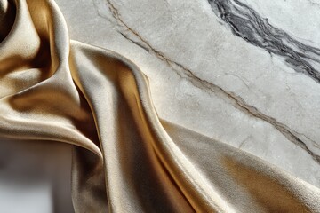 Aufkleber - Luxurious golden fabric draped elegantly on a polished marble surface in a bright, well-lit setting