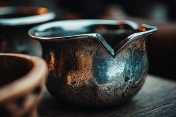 Poster - Detailed close-up of an antique metal pitcher highlighting intricate textures and craftsmanship in a sunlit workshop setting