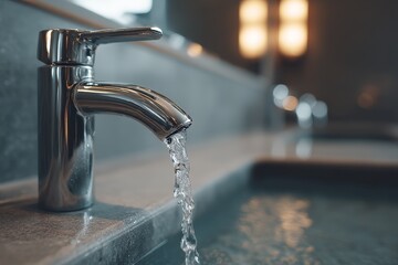 Aufkleber - Modern faucet dispensing clear water in elegantly designed bathroom during afternoon light