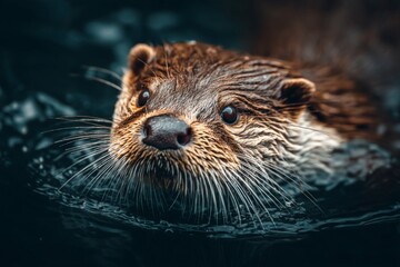 Poster - Otter swimming in a dark pond showing curiosity and playfulness near the surface on a sunny day